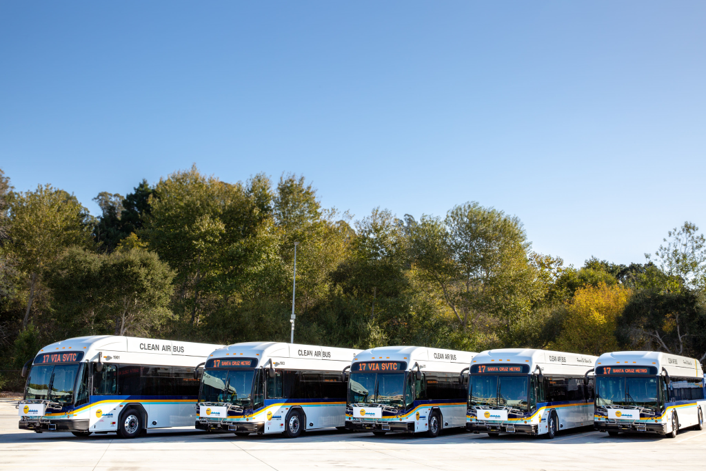 Buses lined up in a row that show the Highway 17 header